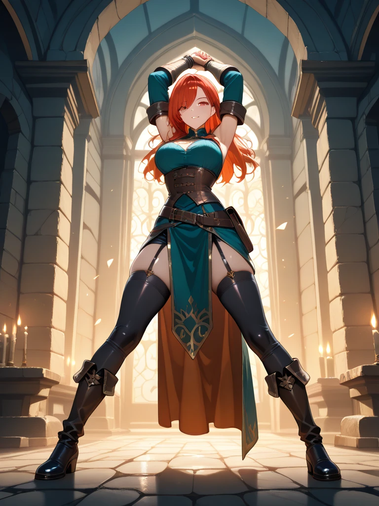 (masterpiece, best_quality, ultra-detailed, immaculate:1.3), epic, illustration, welcoming, 1girl, witch, copper hair, short bombshell hair, casting spell, in a  courtyard, at a  zoo, bombshell hair, matte red hair with forest green highlights, Bowl Cut, all fours