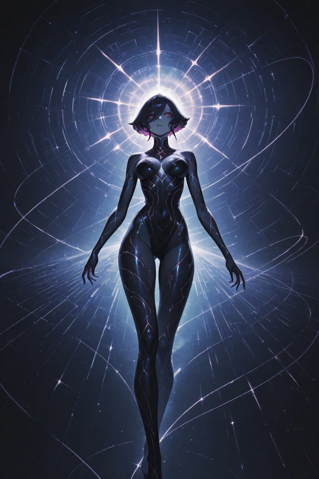 A girl with dark magic sexy naked full body, unreal, ethereal, featuring an optical illusion, mystical, luminous, with twinkling lights, and sexy bodysuit mesh clothes made of flowing fire, surreal, showcasing 3D fractals, high resolution, sharp details, soft, with a dreamy glow, translucent, in 8k resolution, resembling a nebula, beautiful, with a broken glass effect, a background, stunning, representing something that doesn't even exist, a mythical being exuding energy, textures, iridescent and luminescent scales, breathtaking beauty, pure perfection, with a divine presence, unforgettable, and impressive . nude showing nipples Add a starry sky with a moon and sexy white veil up to her waist.(((nude nacked,)))