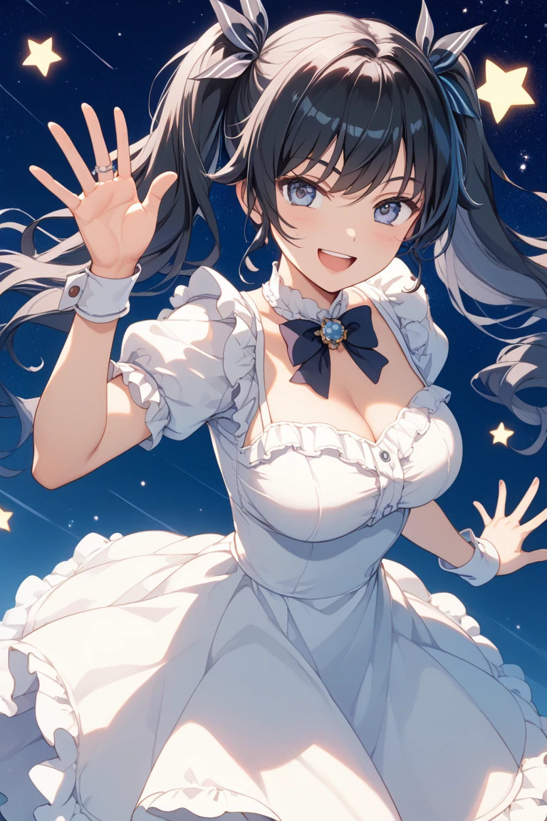 best quality, extremely detailed, anime style adult 1girl, long hair down to the waist, straight hair, ((dark black hair with bluish)),crown braid,beautiful detailed eyes, pinched eyes, dark blue eyes, huge breasts,curvy,(((white main black cyberpunk and magical dress))),longskirt,((feather accessory)),magical girl,light smile,((amusement park)),animation cap,animated gif,in precure style