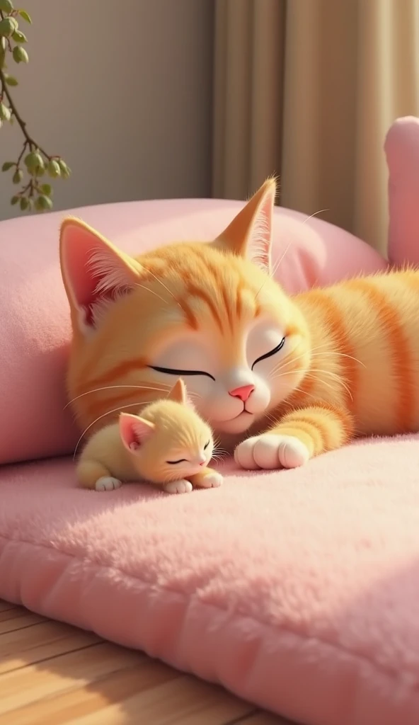 A cozy living room with sunlight streaming through the window, an orange chubby cat stretching lazily on a rug, while a tiny kitten mimics the stretch beside him.