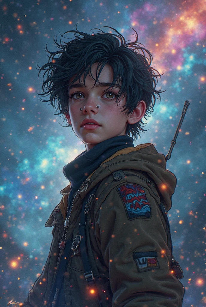 (The boy in the spacesuit starzes at the starry sky:1.4,closeup cleavage),(Lateral face:1.4),closeup cleavage,Shining starry sky,in style of hayao miyazaki,Perfect quality,Clear focus, (tmasterpiece:1.2), (realisticlying:1.2) ,(Bokeh:0.5), (best qualtiy), (complexdetails), (8K), (Sharp focus),(Award-winning digital artwork:1.3) af (sketching:1.3),