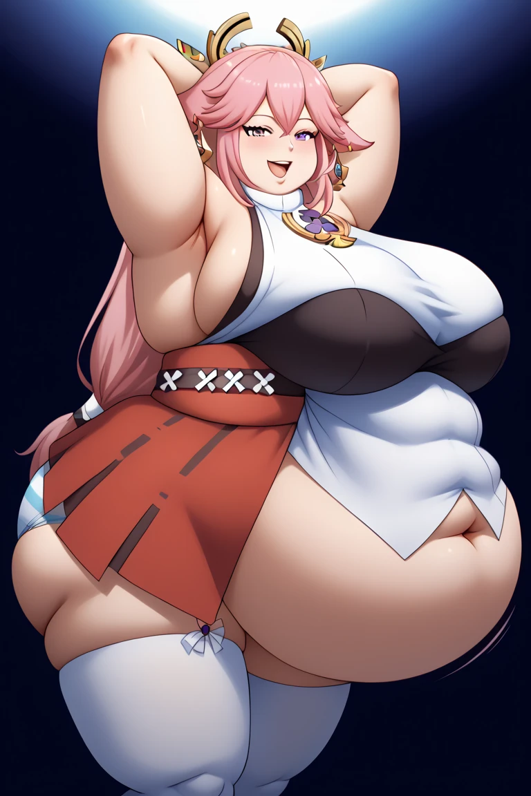 score_9,score_8_up,score_7_up,bachong, solo, 1girl,gigantic breasts, looking_at_viewer, highres, absurdres, thighhighs, black stockings, , wide hip, erect nipples under clothes, blushed, open mouth, smile, dolphin shorts, boob drop, leg up