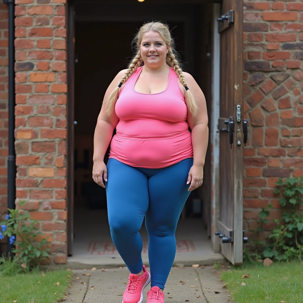 Masterpiece, Highest quality, Ultra-detailed, Highest resolution, 32K quality, Dynamic, (Long pointy ears), (Blonde elf), Smiling face, (Super curvy: 1.4), (Super voluptuous: 1.3), (Obese: 1.5), (Floral leggings), (Sports gym), (Barbell), (Lots of sweat: 1.5),