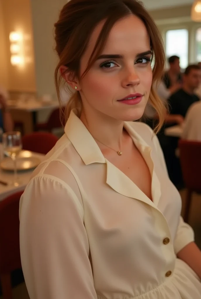 Kristen Stewart as a 1950s tradwife, cute and shy, with a nervous smile  on her knees 