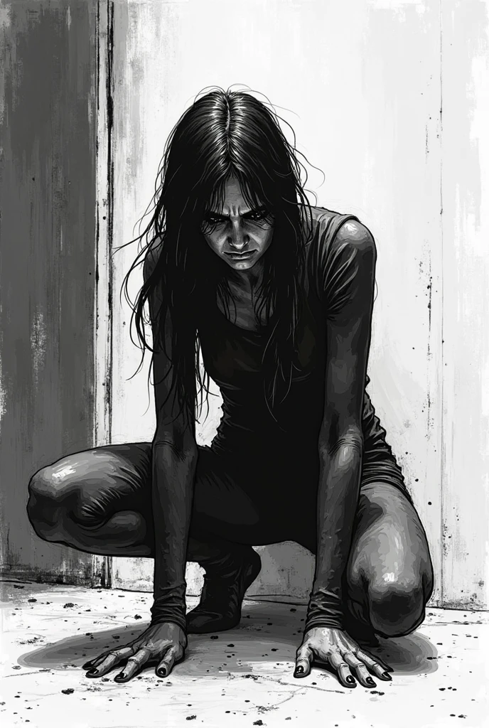 (((female zombie with long black hair))), (((hands tied))), ((head looking down)), ((silicon lifeform)), (((sadako))), blame!, abara, knights of sidonia, white armor, gravity rush inspired, kantai collection style, inspired by Akihiko Yoshida, gravity rush, from girls frontline, girls frontline style