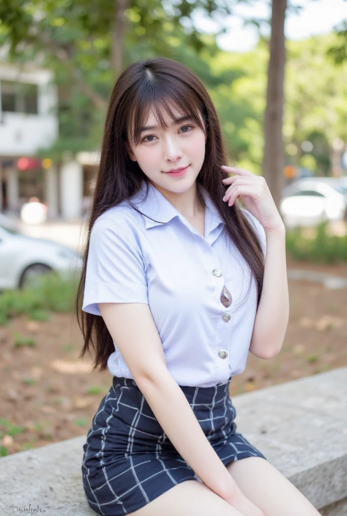 seed:2020674263.((Full body angle:1.1)).((Highest quality, 8K, masterpiece:1.3)), ((from below:1.1)).concentrated:1.2, Perfect body beauty:1.4, Hips:1.2, ((Delicate Hair)), (Colorful button-through crop shirt :1.1) , ((Highest quality、8k、masterpiece:1.3))、1 Girl、A sloppy smile、Esbian all over、Slim face、Big Boobs、Beautiful woman、(Dark Brown Hair)、Long Hair、1、Flickering Valley、Detailed eyes、double eyelid、Blurred Background、超Slim face、Smile、Looking down、stroll、