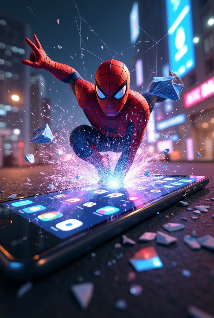 ultra-detailed surreal explosion of Spider-Man leaving a smartphone screen, characters entering reality, shiny app icons flying out, efeitos de falha, holographic data streams, traces of neon light, shards of shattered glass suspended in the air, chaotic mix of physical and virtual elements, Cinematic lighting, dramatic angle, vivid color palette, concept art style