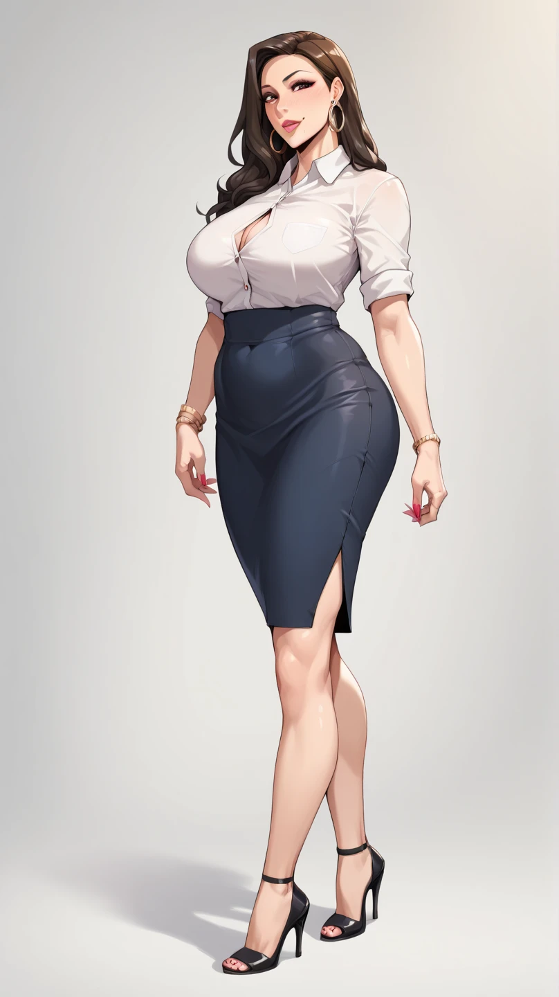 digital art, highly detailed, reference sheet, standing pose, feminine features, mature woman, adult female, curvy figure, whole body, bald, form-fitting, open collar, office shirt, sleeveless, pencil skirt, heels, 1woman, solo, upper body, lower body, ((Extremely Detailed)), ((Best Quality)), ((Masterpiece)), ((4k)).

