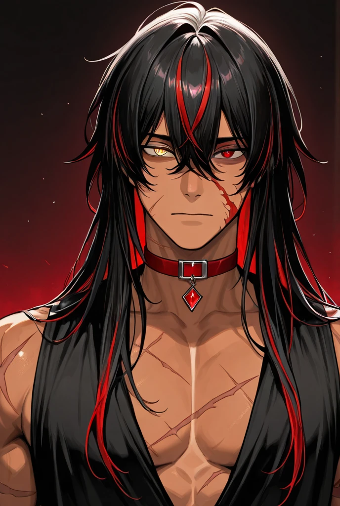 Anime male, sukuna , red eye black pupil , dark , squinty eye , black hair , tattoo , muscular , slightly tempered , long hairs thick
