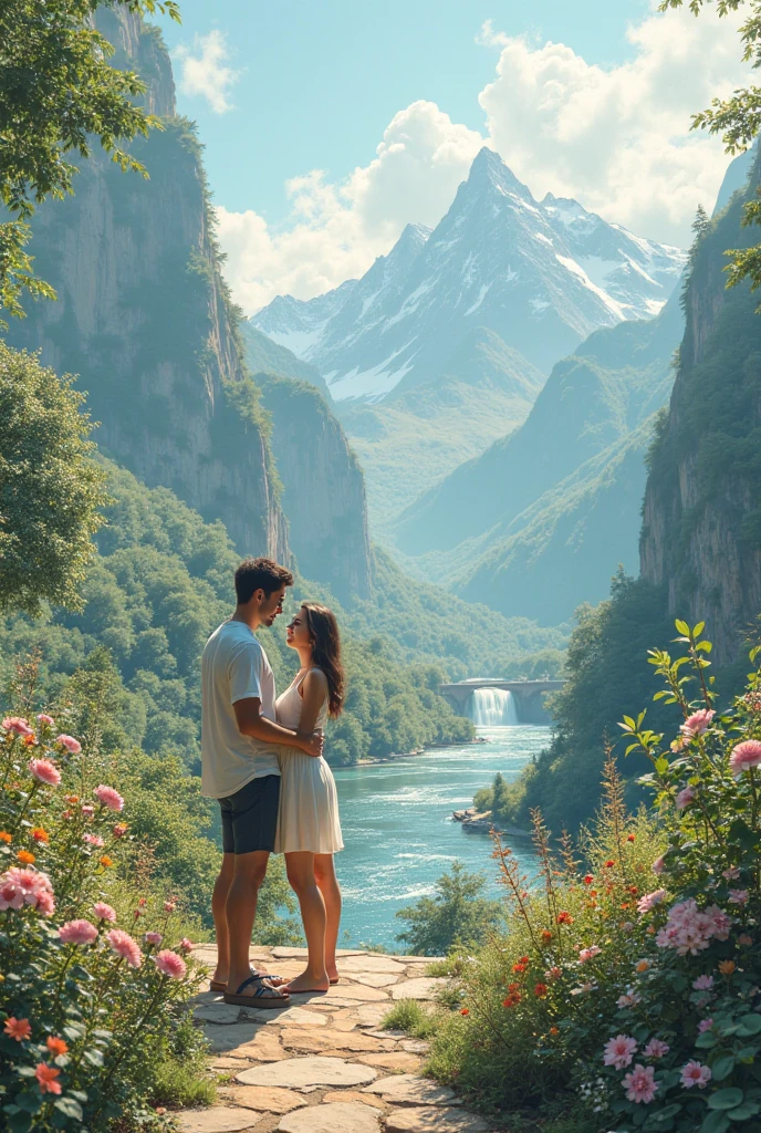 A couple holding hands on the edge of a mountain looking at the horizon, around the mountain there is an enchanted forest and a waterfall