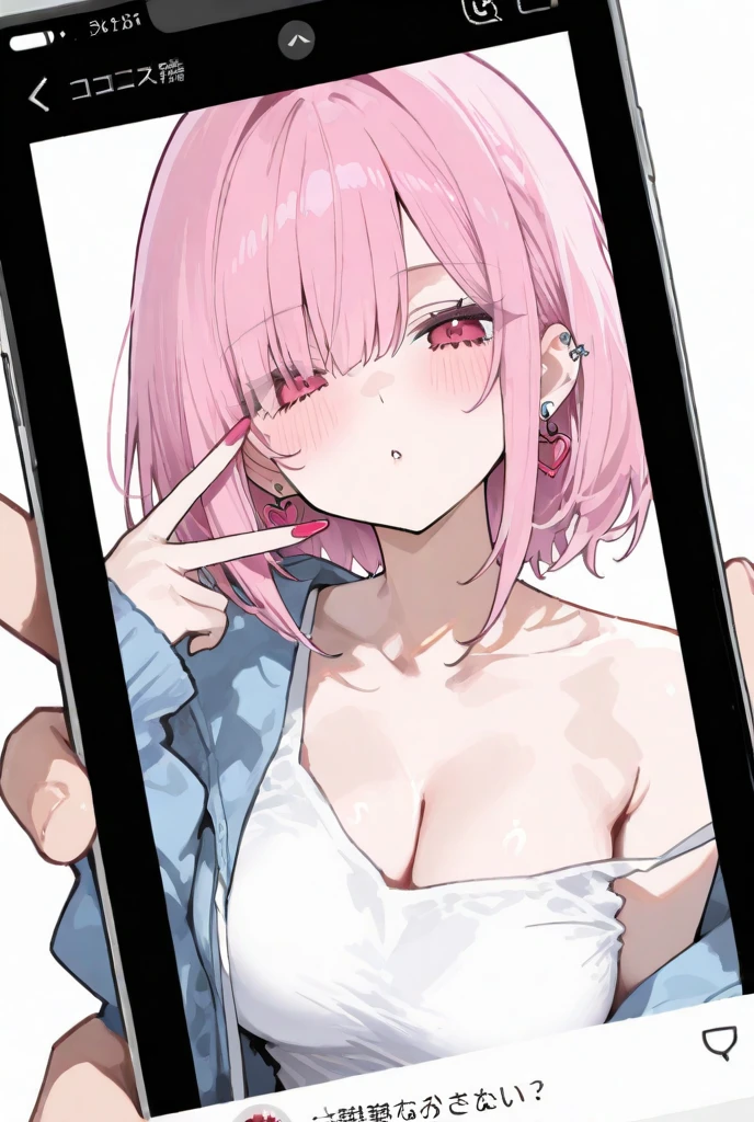 (((head out of frame))), Anime girl in lingerie takes selfie with mobile phone,, wearing bra, mobile phone in front of covering face, one hand on own chest, lifted by self, shirt lift, white background, head out of frame, white background, navel,