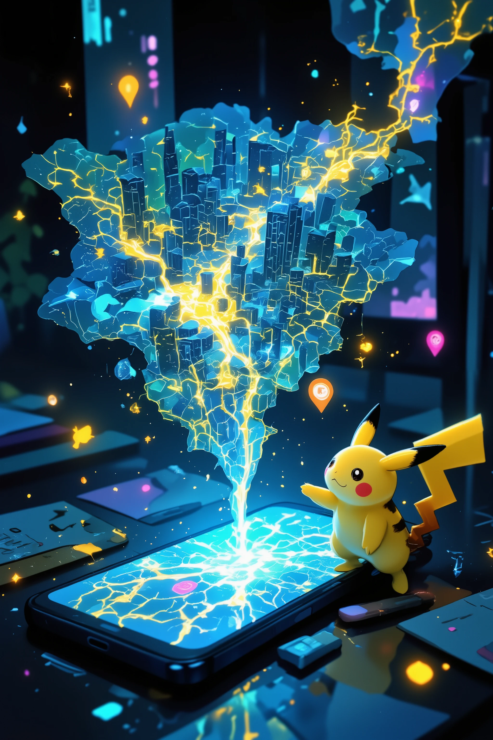 (masterpiece, best quality, cinematic lighting, anime-style), a modern iPhone lying on a table with its screen projecting a large-scale holographic 3D map into the air, the map expands above the phone, filled with glowing roads, buildings, and digital terrain, Pikachu walks along a glowing path on the floating map, pointing forward as if guiding the way, navigation arrows and destination pin visible, vibrant colors, glowing particles in the air, depth and perspective, energetic and futuristic atmosphere



