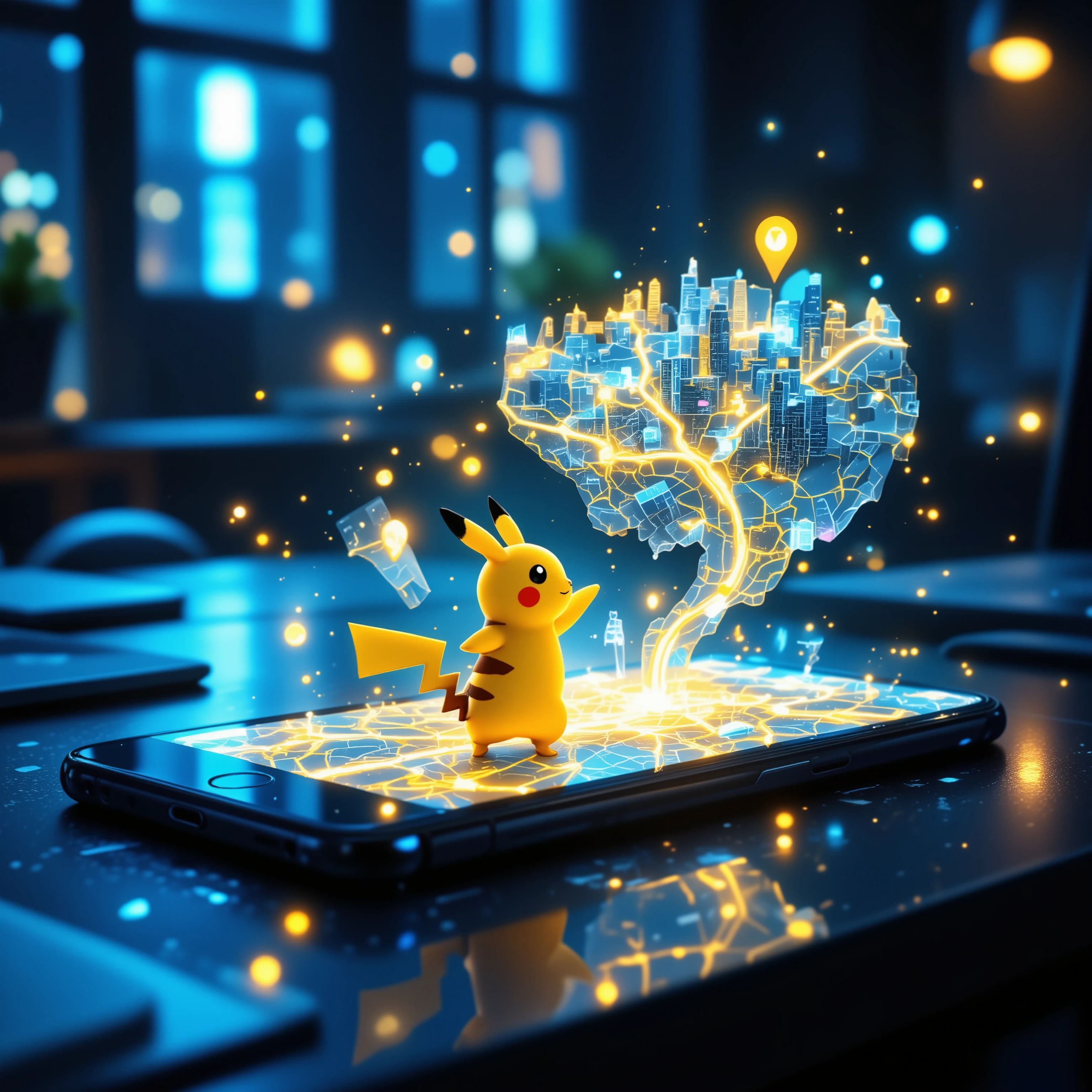 (masterpiece, best quality, cinematic lighting, anime-style), a modern iPhone lying on a table with its screen projecting a large-scale holographic 3D map into the air, the map expands above the phone, filled with glowing roads, buildings, and digital terrain, Pikachu walks along a glowing path on the floating map, pointing forward as if guiding the way, navigation arrows and destination pin visible, vibrant colors, glowing particles in the air, depth and perspective, energetic and futuristic atmosphere



