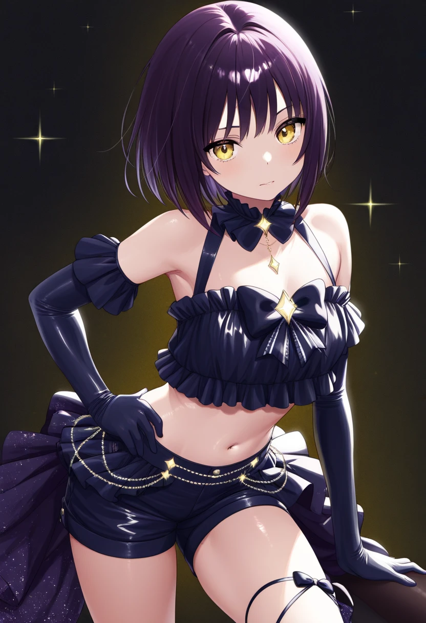 1girl,solo,(standard height),full body,standing,(black hair:1.6),short hair, (red hairband:1.4),hair ornament,(one side red butterfly ribbon:1.4),(yellow eyes:1.4),(beautiful fingers:1.6),(perfect anatomy:1.4),(arms_behind_back:1.6),(cold_shoulder:1.2),BREAK,(yellow leather lace glossy silk lamé playboy bunny:1.6),(latex luster shiny glossy metallic:1.6),(shiny_clothes:1.6),medium breasts,beautiful breasts,(masterpiece),best quality,(Ultra high definition eyes:1.2),8k,(Beautiful detailed eyes:1.2),(Fine and beautiful eyes:1.2),(pretty eyes:1.2),finely detail,extremely CG, absurdres,high resolution,illustration,Detailed and beautiful outlines,finely detail,high resolution,(colorful refraction:1.4,Increase saturation:1.2),beautiful lighting,dynamic lighting,closed room,black background,simple background, smile,looking at viewer,mio,gtold gloves,spider web print,sash,obi,(yellow rabbit ears:1.4),(yellow thigh boots:1.4),(white Clear PVC sheets sleeves:1.4),(sheer sleeves:1.4),(see-through sleeves:1.4),(wide sleeves:1.2)
