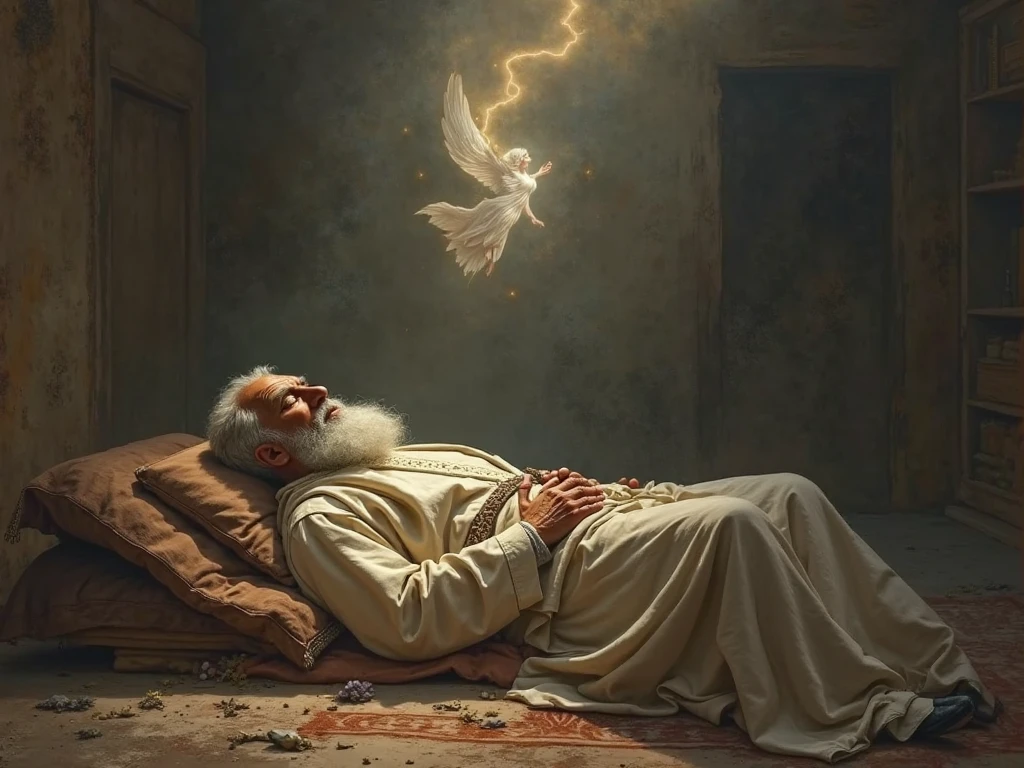 make me a picture of a dying Abu Jahl being visited by the angel Ijroil (9:16)