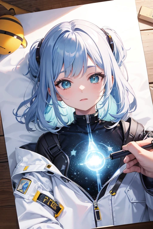 spaceship, Captain Future, comet,  Extremely detailed and beautiful design, illustrations, masterpiece,best quality, high resolution, 8k, sf, SPACE FANTASY, Extremely beautiful、Skillfully designed ,  Very Fine and Beautiful Colors , anime girl with short green hair and warm brown eyes up to the shoulder, Sleek , Black and yellow astronaut clothes、Metal patch on the shoulder.  the space galaxy is visible in the background Planet, SPACE FANTASY, comet, screen breaks, 