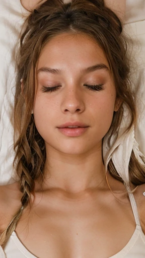 beautiful detailed eyes, beautiful detailed lips, extremely detailed eyes and face, long eyelashes, 1 girl, nude, sleeping, on mat, terrace, eyes closed, relaxed environment, (best quality,4k,8k,highres,masterpiece:1.2),ultra-detailed,(realistic,photorealistic,photo-realistic:1.37),vivid colors,natural lighting,soft shadows,warm tones