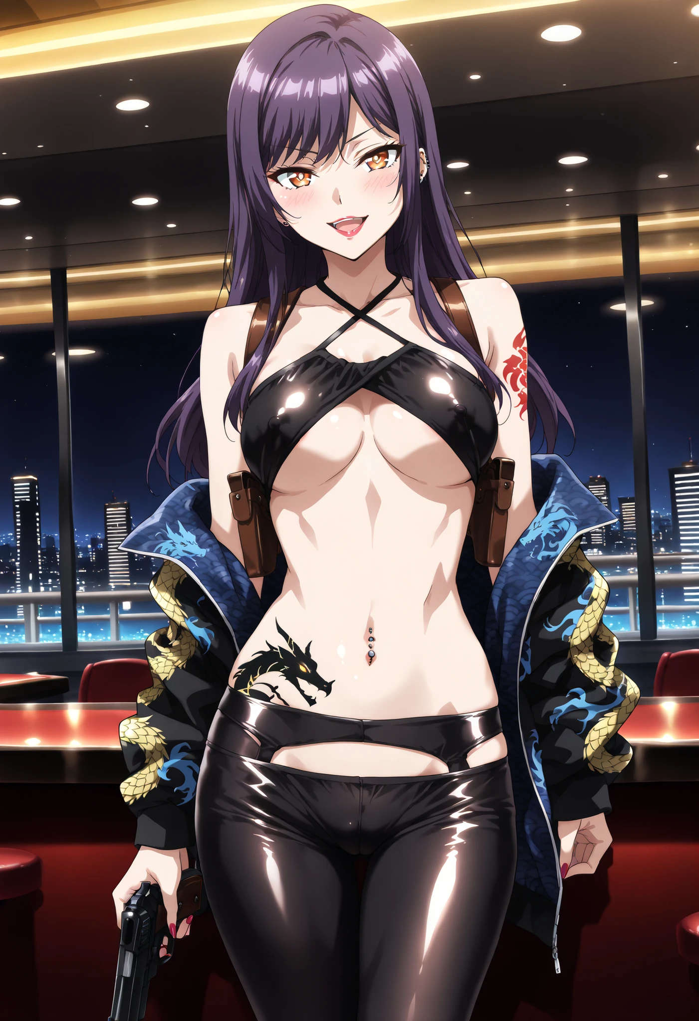 jewelry,gem, necklace,
blue eyes, purple hair,long hair,Bangs,
long hair, lipstick, smile, Hot girl, baddie, staring, glaring, bad attitude, mean girl, dare, angry, hate, crazy, smoking, sensual, attractive, mall, shopping center,indoors masterpiece, best quality, highly detailed, a girls with a gun, evil smile , open mouth, sexy gaze, badass
pose , evil smile, smile, (nsfw) not safe for work, guns blazing, anime girl with long hair, beautiful long
haired girl, navel, evil expression, exposed belly, exposed navel, exposed midriff, exposed lower belly,
long black pants, crop top, cleavage, unbuttoned leather pants ,open fly, low rise black leather pants,
leather jacket, holding a gun, holding pistol, navel piercing