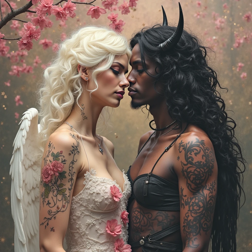 Neuvillette (guy) Kissing a guy that has dark skin, one red eye the other blue, a lot of scars, blonde dreads, big burn scar on the cheek, has snake bite piercings and a tongue piercing, has white dragon horns and tail