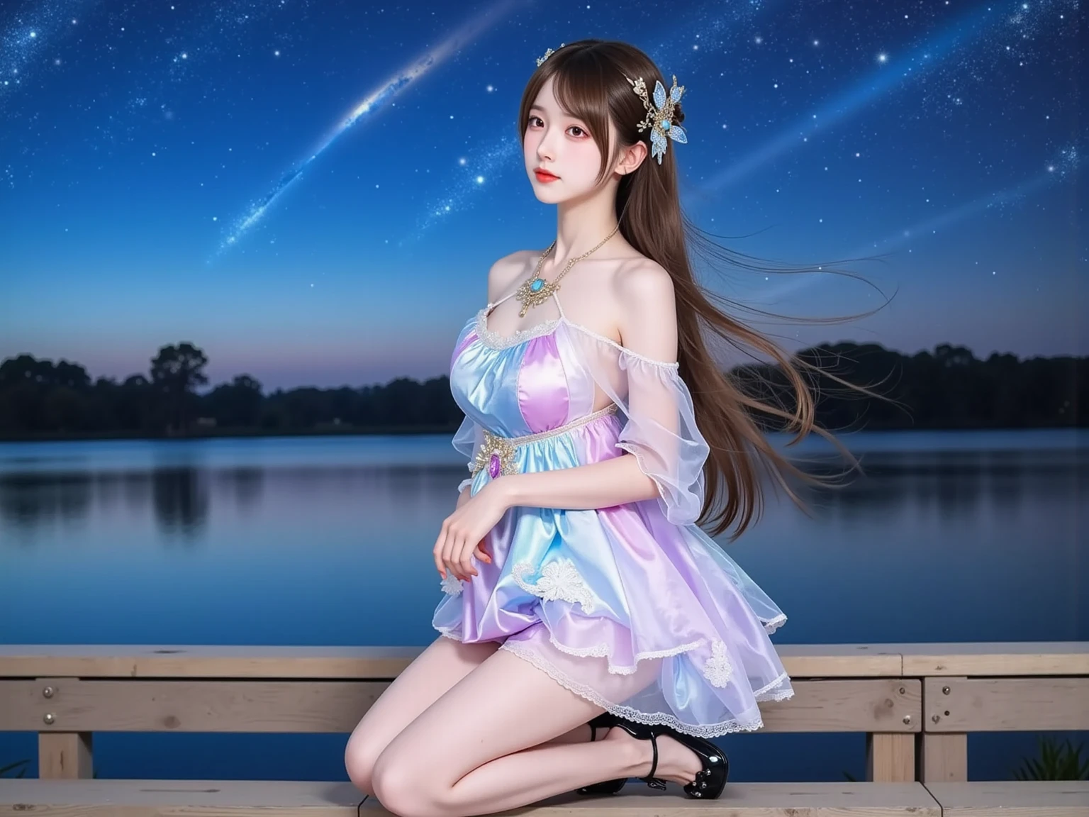 Japanese female, (underweight), (medium chest circumference,:1.5), 30 years old, (cheerful grin:1.0),
the galaxy, (floating:1.3), (See-through dress, undone clothing), with shooting stars, full body shot