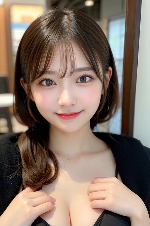 Tabletop, highest quality, shape, Very detailed, finely, High resolution, 8k wallpaper, 完璧なダイナミックな構shape, Beautiful and detailed,ランダムなcute髪,,Natural color lip, Bold sexy pose,smile、20-year-old girl、cute、Looking at the camera,Always blur the background,Perfect and beautiful face,Slim face and figure,Big eyes、Putting on gal makeup,Small face,Shooting from below、Blurred Background,Elegant feminine face、Smile、Actual photo、Lolita Fashion