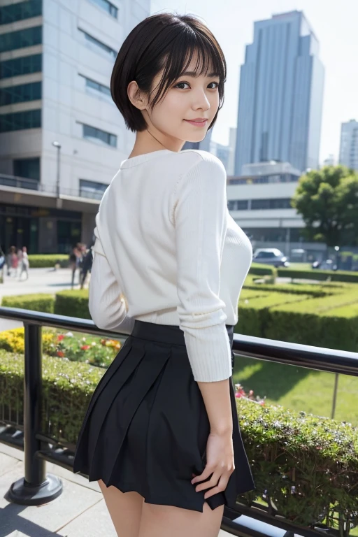 (Surrealism, RAW photo, Incredibly absurd, Nikon, 8k, super detail, masterpiece, intricate details),
(anatomically correct, perfect human body, beautiful and cute face, silky skin),
(, Japanese girl, idle face, Haruka Fukuhara, slim waist and busty body, Slender legs, large breast, baby face), face, black hair, short bob cut, bangs, Down-slating eyebrows, Moist eyes, Shining eyes, one little earring, light blush)),
(show inner thighs, emphasize the legs),
(look down at the viewer, look sown at camera, close eyes and smile),
((White thigh-high socks, micro mini skirt, Red oversized sweater)),
(Tokyo, Aoyama, Main street, luxury building, luxury background, very crowded road),
Natural lighting, ((full length, whole body, angle from below:1.2))