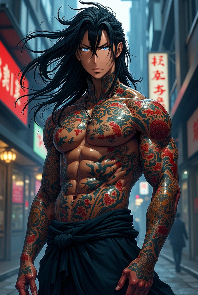 1boy,11 only、Man's ,Handsome boy,The long-haired、 Collar,tattooed、Upper body naked、arms folded、Leather pants、Moon Night 、Chinatown、Lots of neon、traffic jam、Large crowds,hightquality、masutepiece,8K,