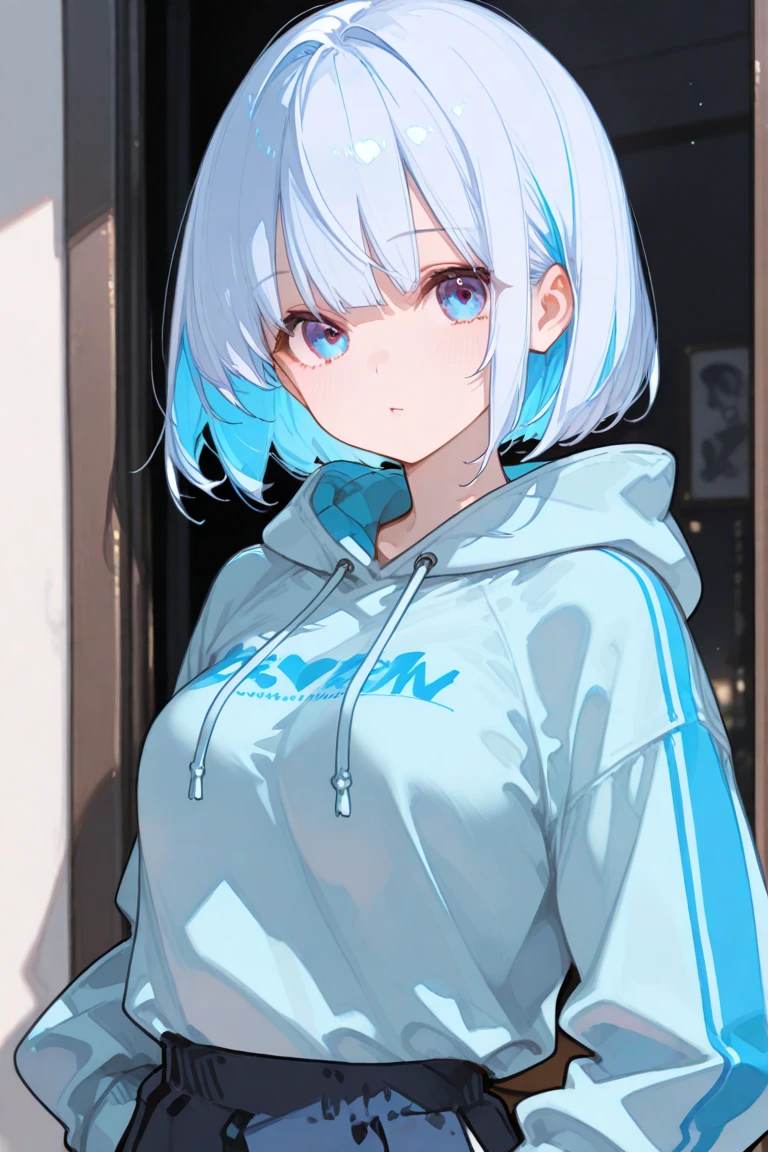 Light blue short bob Visible in only one eye Light blue eyes Black sweatshirt White Micro Mini Skirt