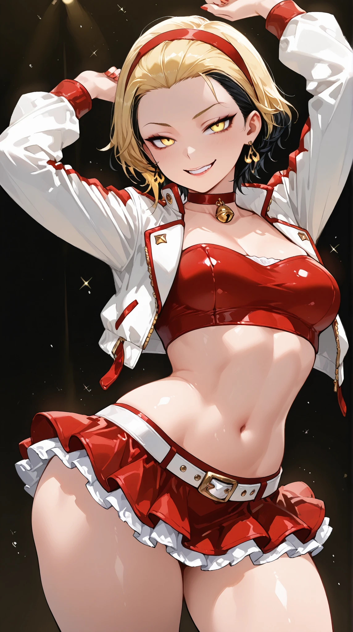 masterpiece, ultra-detailed, illustration, game cg, best quality, highres, kitagawa marin, 1girl, short fluffy blonde hair, swept bangs, gradient hair, red eyes, glossy lips, light smile, blush, large breasts, red puffy miniskirt, white blazer, red knee boots, beach, thigh highs