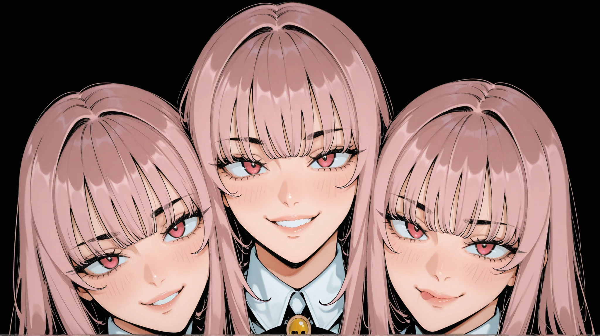 MEDIUM SHORT PLAN for a woman with medium pink hair, olhos vermelhos, sexy expression, boca meio aberto. O background é com um bom contraste e sombras
