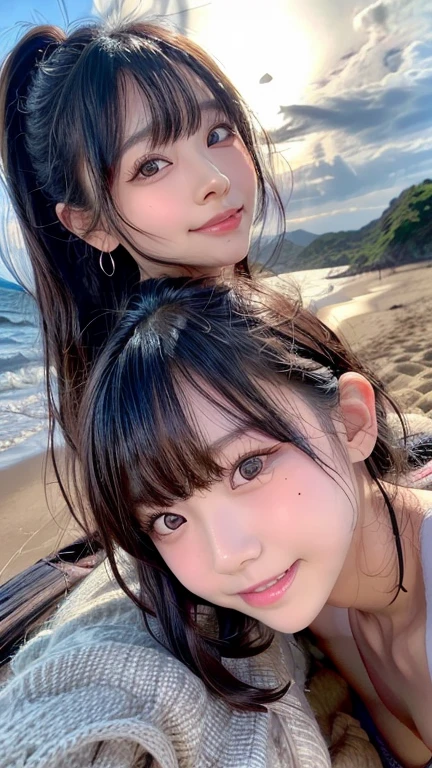 Three smiling girls, Blowing in the wind for a long time [Blue-black:.3] hair,View your viewers, (masterpiece:1.3), (8K, Realistic, RAW Photos, Highest quality: 1.4), Japanese, (One Girl), Beautiful Face, (Realistic Face), (black hair, short hair:1.3), beautiful hairstyle, Realistic eyes, Beautiful details, (Realistic Skin), Beautiful Skin, charm, Ultra-high resolution, Ultra-realistic, Very detailed, Beach, Nipples、Selfie
