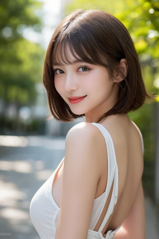 (highest quality,8K quality,masterpiece:1.3,),(超A high resolution:1.3,Photorealistic:1.4,Raw photo:1.2),(Ultra-detailed:1.2,Glowing Skin,Detailed skin:1.1),(Detailed face,Perfect Anatomy,Caustics:1.2), (Symmetrical eyes:1.3),1 girl,cute,Japanese,22 years old,Japanese Ido,Natural brown hair,Short hair curled outwards,cute目,Natural Makeup,Oversized T-shirt,Laughter,Looking at the camera,On the face,Face Focus,Street Corner,Professional Writing,Natural soft light,Clothes that reveal cleavage