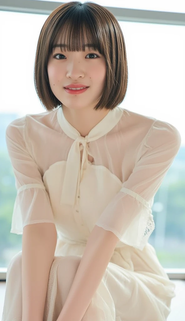 (nsfw:1.5),1girl, (white sheer blouse:1.6),(RAW photo, best quality), (realistic, photo-realistic:1.8), masterpiece, an extremely delicate and beautiful, extremely detailed, 2k wallpaper, Amazing, finely detail, extremely detailed CG unity 8k wallpaper, ultra-detailed, highres, soft light, beautiful detailed girl, extremely detailed eyes and face, beautiful detailed nose, beautiful detailed eyes,cinematic lighting,(in the city:2.0),perfect anatomy,(slender body:1.6),(close up face:2.0),(laugh,friendly, warm:1.8),(looking at viewer:2.0),(young japanese idol:1.8),(wavy short brown hair:1.8), (brown eyes:1.8), (cleavage:1.4),  