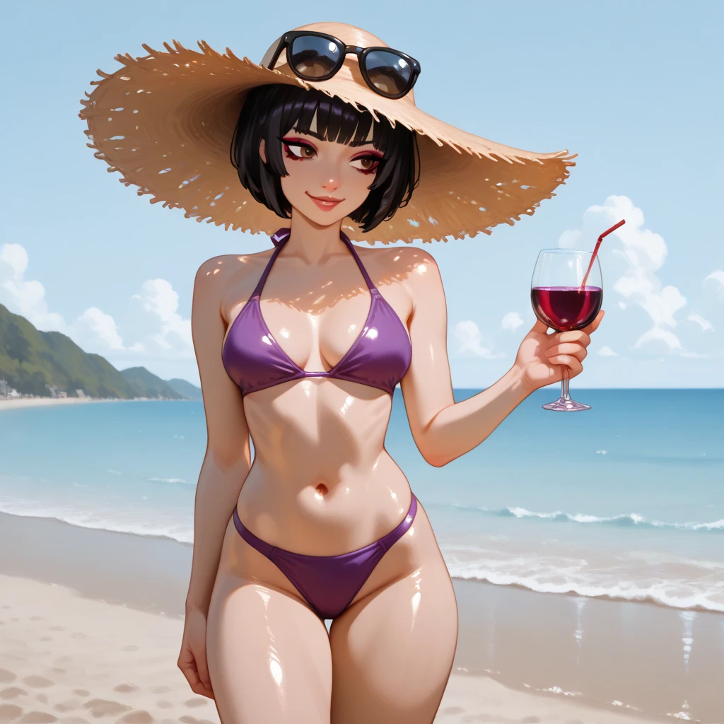 a black haired woman with brown eyes with an hourglass figure in a one piece swimsuit is smiling with a popsicle in her hand at the beach