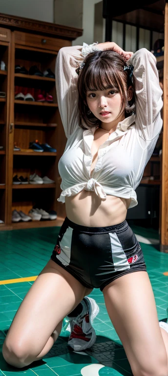 ((tmasterpiece, best qualtiy)),A highly detailed,8K,realistic focus,Complicated details,a big breast chinese girl,Female volleyball player,Volleyball uniform,(((Number 9 shirt))),over knee socks,(((Indoor arena background))),Tall guy,long leges,pony tails,Cocked buttocks,(((little breast))),tit,Open your clothes,revealing breasts,See the breasts,See the nipple,Robust body,Sexy and robust,Detailed abs,Detailed muscle lines,teat,dynamicposes,Greasy body,sweating body,Normal body proportions,Normal face,Normal hands,frontage,fully body photo,tall image,Look from the bottom up,look from down,