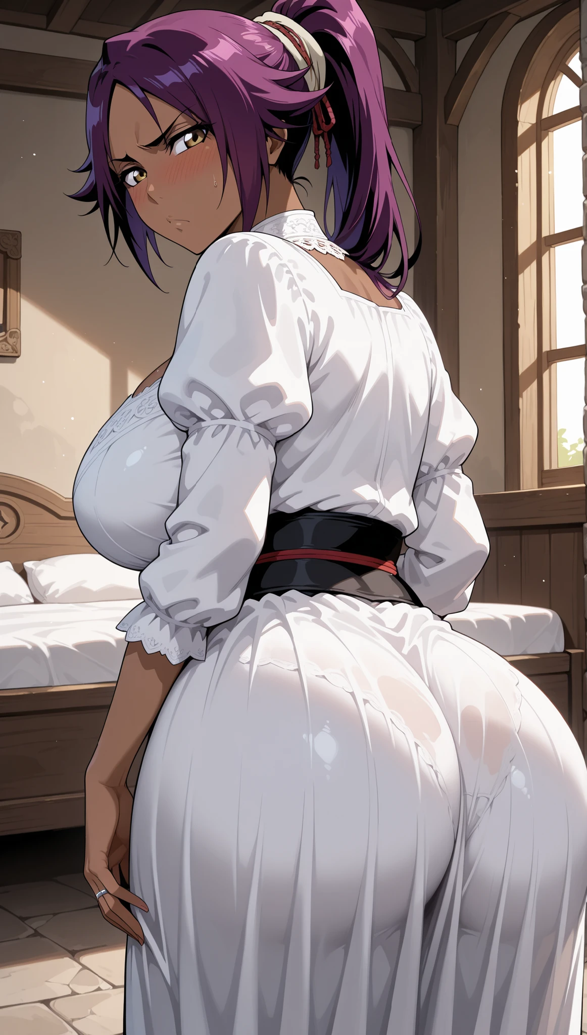 ((masterpiece)), ((best quality)), (ultra-detailed), ((extremely detailed)), 4K, (8K), best quality, (perfect anatomy), ((((beautiful detailed eyes)))), (((world-class quality))), photorealistic, extremely detailed, high resolution, (detailed shaded pretty face), (((house wife))), solo, (((sagging breasts))), (((wearing oversized_sweater)), glowing detailed skin and hair, white-skinned, (((glistening skin))), huge ass, kasumi iwato, potbelly, baby face, (half updo),, , stylish pose, curvy, smile, cleavage, bare foot, straddling , sit astride, spread legs, bare shoulders