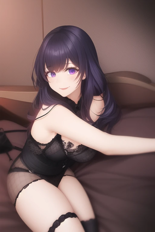 Bedroom, Anime girl, gothic, blue eyes, thick thighs, red lips, sitting, small breasts, flat abdomen, red clothes, looking at the viewer from below, thick, black hair, perverted face, tall