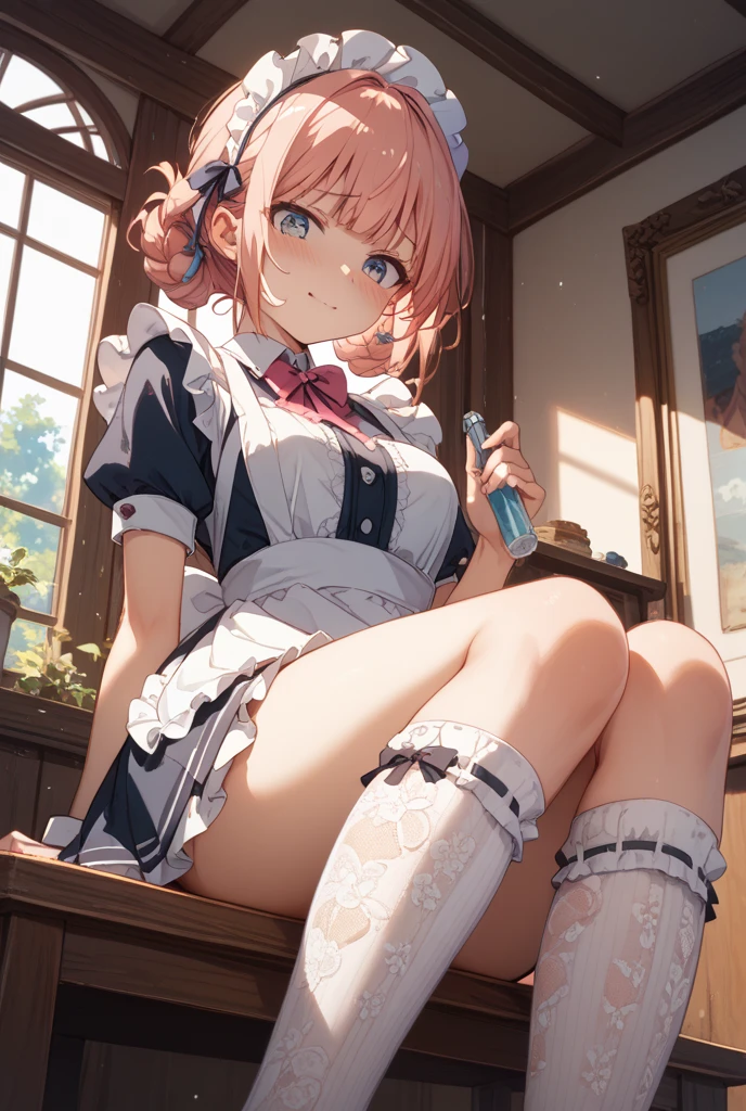 highest quality、masterpiece、((1 girl:1.5))、((smile:1.3))、(blush:1.4)、Black Shirt、blouse、((fun!!))、(Small breasts)、(Pink)、Blonde、(Long sleeve)、((White apron:1.5))、((Maid))、((hair ornaments)),、Kamimei、look at me、 ((in house:1.5))、 Taking a break from watching the audience、Cowboy Shot、((Shaved:1.5))、(Roll-up skirt:1.3)、(Fully exposed and highly detailed labia:1.5)、((Skirt lift:1.5)),()、()、、(スカート that rolls up:1.3)、()、Light blue eyes、long hair、Glowing Eyes