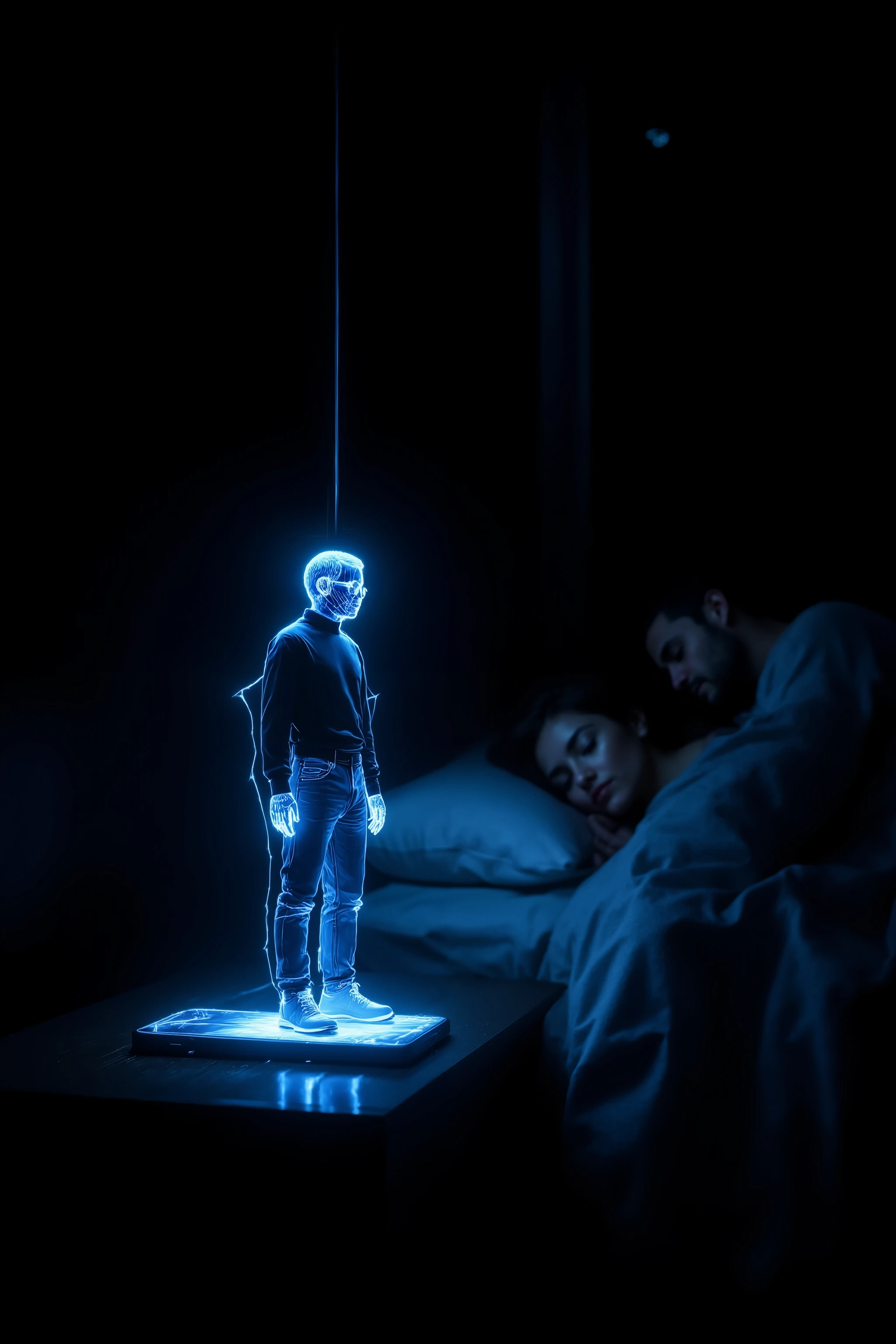 A dark bedroom at night, viewed from the side. A smartphone lies flat on a wooden nightstand next to a bed, clearly positioned beside the couple's pillows. A 12-inch hologram of Steve Jobs stands on the phone, glowing with pale blue light. He faces the sleeping couple in profile, his arms relaxed at his sides, his expression calm but watchful. He wears a black turtleneck, jeans, and round glasses, rendered in semi-transparent holographic light. A vertical beam of light rises through his body from the phone’s screen, and fine cracks spider out from where he stands. The soft blue glow reflects subtly on the nightstand and the pillow nearby. The couple sleeps peacefully, turned slightly toward the phone. The composition is shot from the side of the bed, showing the full relationship between the nightstand, phone, hologram, and couple. The rest of the room is dark, with only faint moonlight seeping through a window. The moment feels quiet, intimate, and faintly unnerving — as if something digital has stepped beyond its boundaries, just to watch.