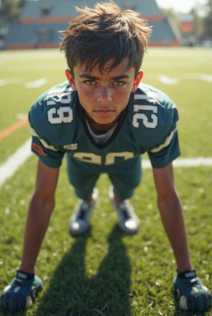 A boy who has dark green eyes and he is is playing for the shamrocks football team, he has black fluffy hair and he's a little tan, he has blood on his head he is shocked and a little scared and there's ambulance and ghost around him cause he's dead but he dont wanna believe it and he's 16