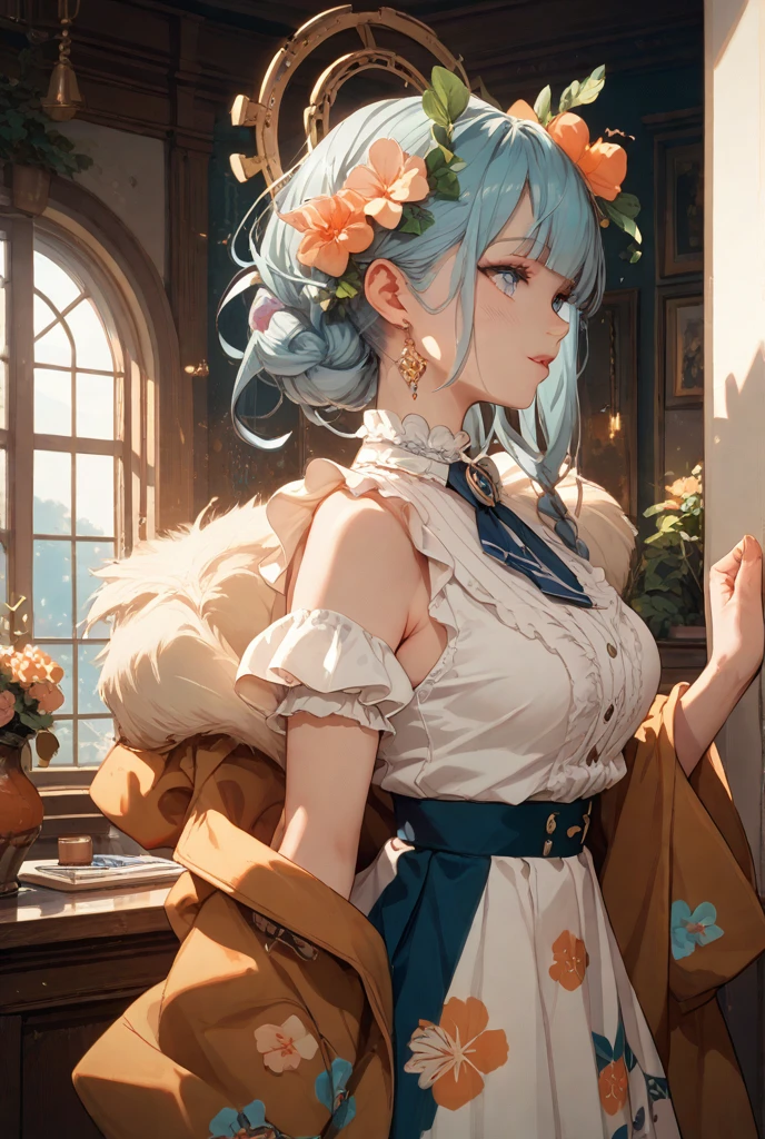 1girl, long hair, bright hair color, seductive eyes, mysterious expression, mature appearance, charming dress, flowing dress, elegant jewelry, intricate decoration, magic symbols, glowing accessories, potions, scrolls, cute accents, bows, ribbons, flowers,