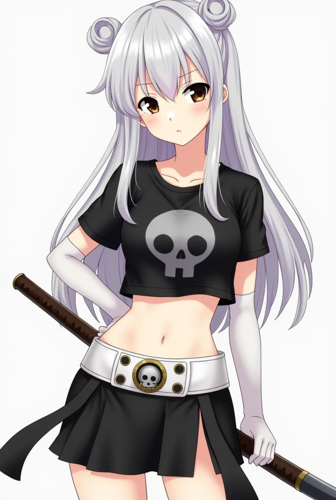 Crie uma personagem adolescente feminina com um rabo de cavalo curto,Wear suspenders with a skeleton design on the fluffy center