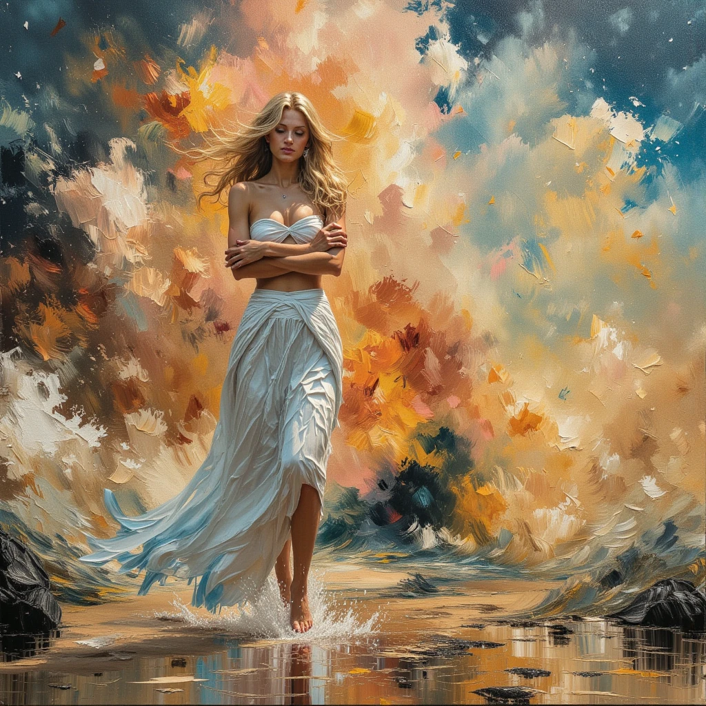 Blonde woman with arms raised, moving left, looking right, strong backlighting, topless, white skirt