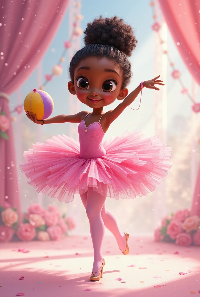 a 4 year old,with dark skin and dark brown curly hair, wearing a light pink ballerina outfit with a pearl slipper design with a ballerina bun and some loose curls, with light pink shoes, body image in, character posing, (Pixar-style) (master part:1.2) (bokeh) (best qualityer) (skin detailed) (detailed texture) (8k) (Argilla) (cinematic lighting) (sharp focus