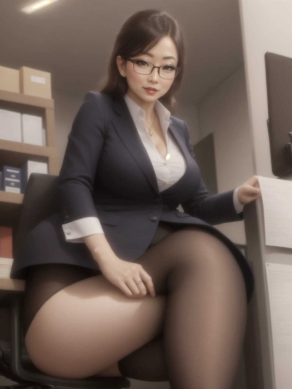 Sexy teacher with long wavy hair with bangs, she is laying on her side on her desk, classroom background, short mini skirt she pulls up to show off her sheer (shiny) black pantyhose, fitted suit jacket with white button down shirt underneath, cleavage, she looks at the camera seductively, (sexy gloss pantyhose), (((white background becomes a classroom))), (((no panties, see shaved vagina through sheer pantyhose, she is teasing her class of students)))