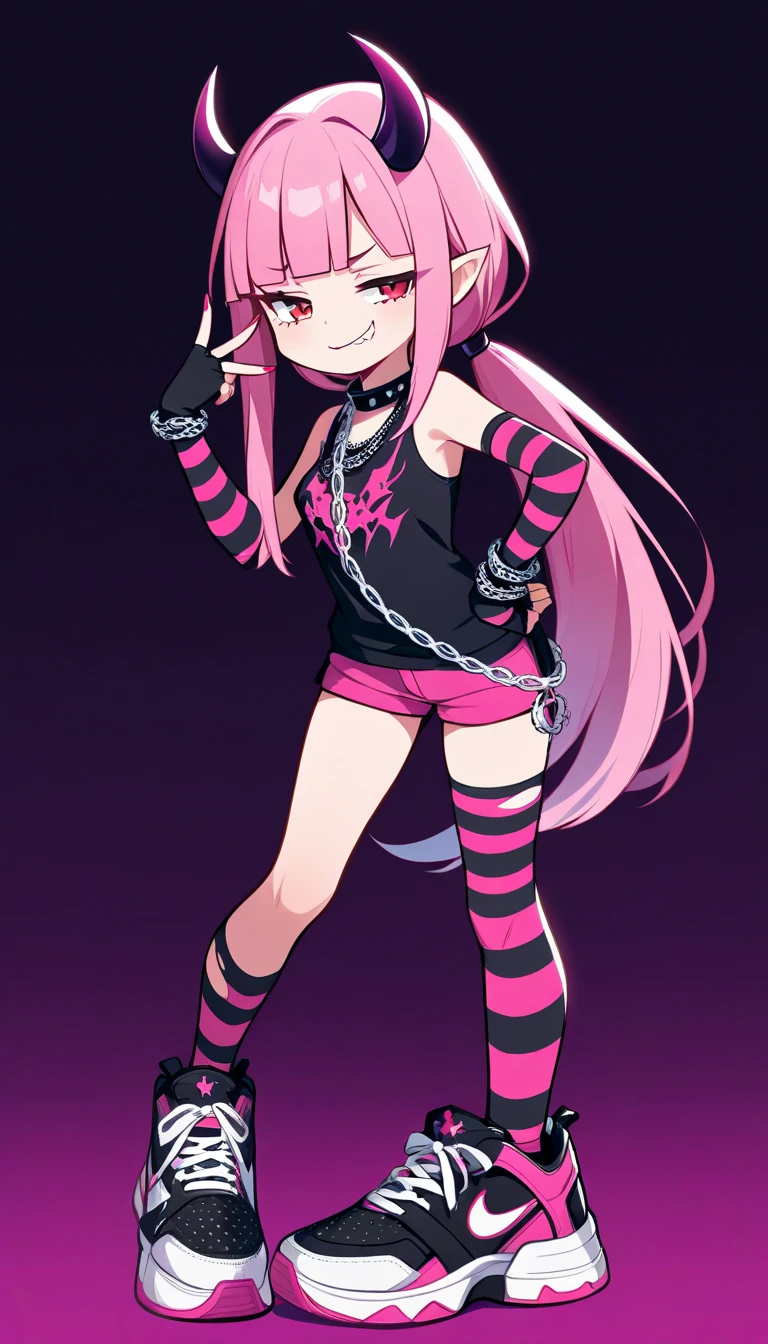 ((masterpiece,best quality)),1girl, li, solo,elf ears, heart shaped earrings, heart shaped pupils, short hair, ((purple hair)), a pink streak on the bangs, ((a gap between the teeth)), Long black t shirt, long sleeves, 
shorts with chain, full body,((fangs))