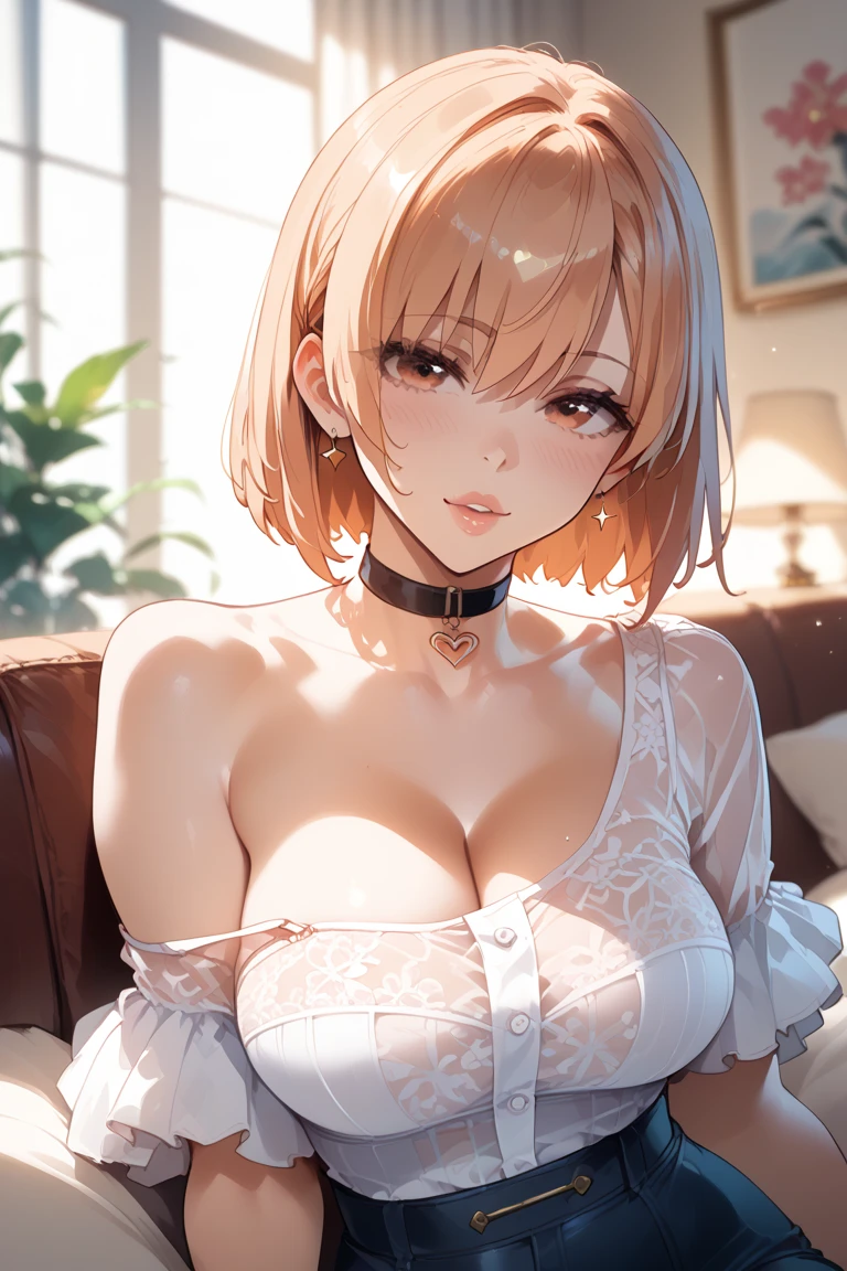 masterpiece, absurdres, best quality, ultra detailed, high Resolution, detailed illustration, extremely beautiful detailed face and eyes, Delicate beautiful face, bright colour, 1girl, cute face, magenta eyes, sparkling eyes, big eyes, medium breasts, (perky breasts:1.1), (pointy breasts:1.1), medium hips, glamorous body, white skin, happy, BREAK, long bob cut, (blonde hair:0.8), messy hair, detailed hair, shiny hair, BREAK camisole, tiny ribbon, real world, natural lights, perfect lighting, outside,