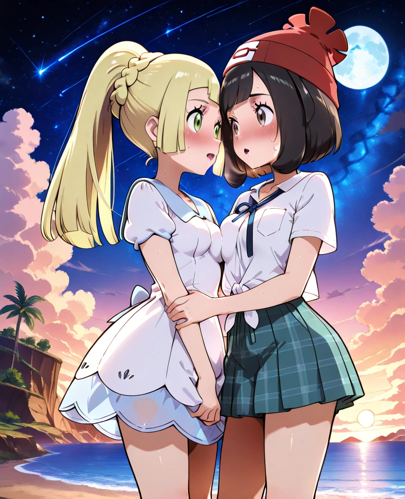 4k, masterpiece, artistic, Pokemon-Character-May and Serena, camera from side, extremely short red skirt lifted-upwards in the wind, no-panties, exposed butt, bending forwards, slightly angled sideways, topless breasts, head tilted sideways smiling, red hat, pulled-up black top exposing breasts, surpised expression, mythical forest hidden spring background, sexy posing, 2girls kissing eachother