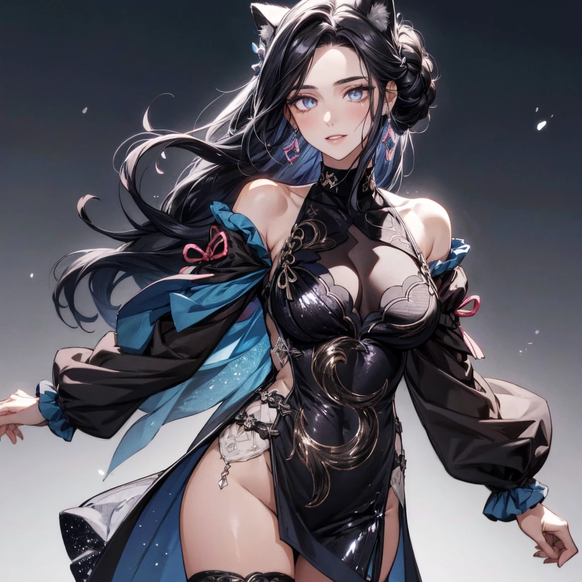by Wlop, (Masterpiece) (Highest quality:1.4), (Highest Detailed:1.3), absurdres, Odette_ML, large breasts, thick thighs, full body composition, lifelike,smiling, Striking Contrast, Bold Composition, Evocative Intrigue, masterpiece,best quality, beautiful and aesthetic, cinematic composition, dynamic pose, (Rendered in ultra-high definition (UHD) resolution 8K:1.4), RAW,