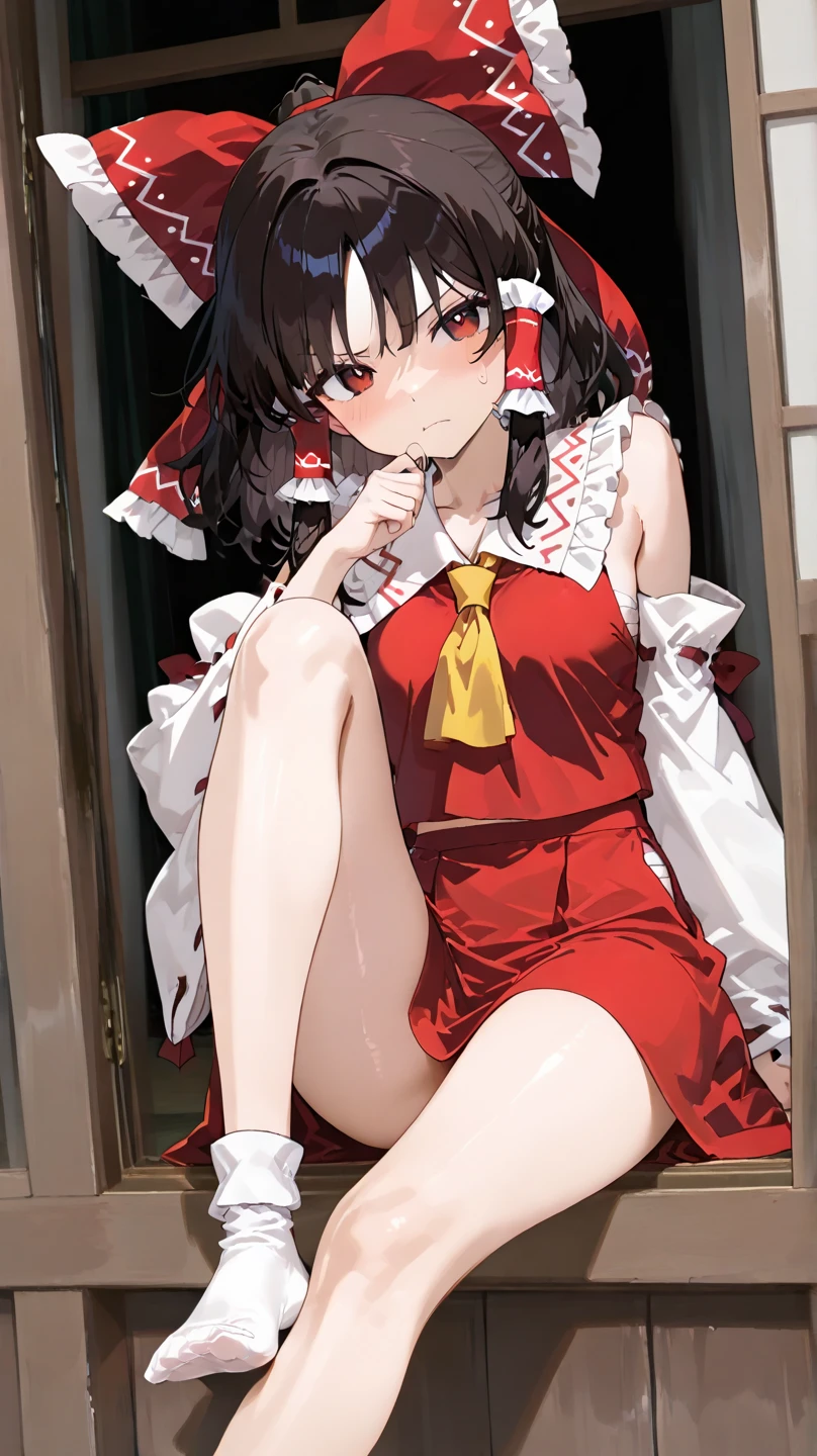 13-year-old girl, Black Hair, Short Bob, (A well-kept English garden background:1.3)), have, Wine Red Dress, ワインレッドのshoes, wing, sign, blue flower, Wide sleeves, Long sleeve, blush, animal, Wine red flowers, alone, whole body, bird, Looking at the audience, Put your hand on your cheek, Put your hands on your face, Frills, bow, Red border ribbon, Bell, Wine red hat, +_+, shoes下, short hair, Grey Eyes, shoes, feathered wing, red bow, (Squat:1.5)